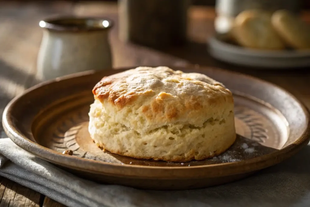 A freshly baked, golden-brown biscuit without milk, served on a rustic plate, showcasing its soft and fluffy texture.