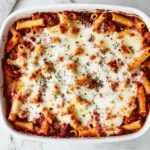 A pan of baked ziti topped with melted mozzarella cheese and garnished with herbs.