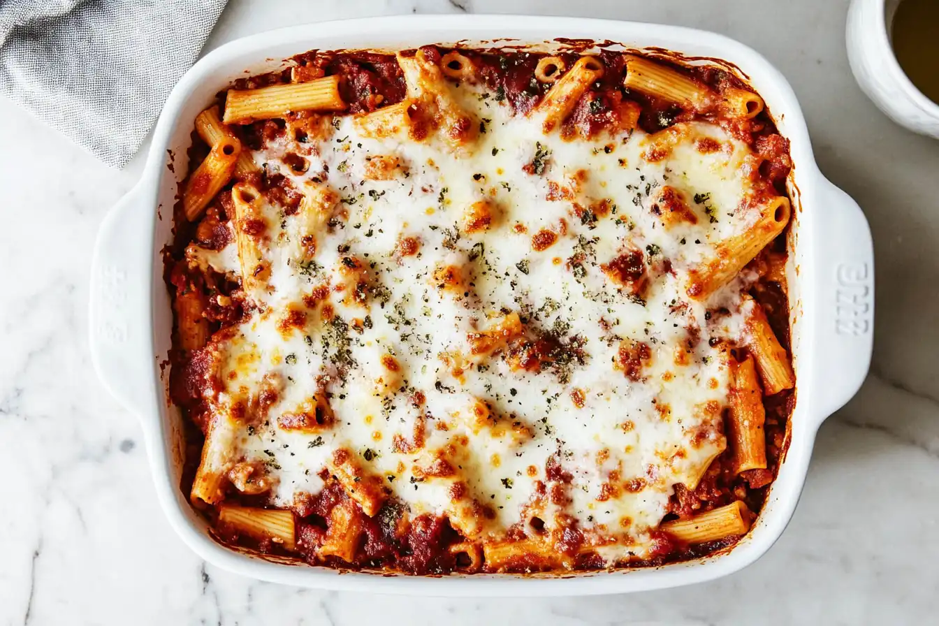 A pan of baked ziti topped with melted mozzarella cheese and garnished with herbs.