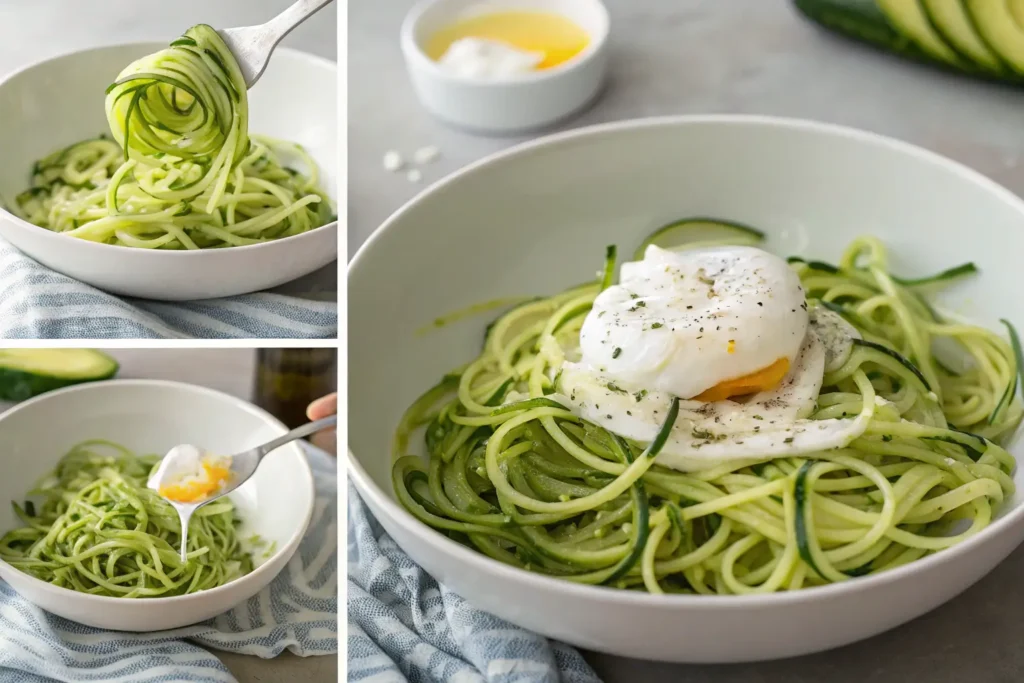 Zucchini noodles served with a poached egg, showing step-by-step preparation with a fork and spoon for serving.