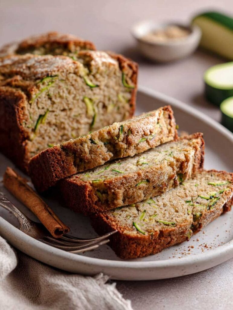 Served slice of zucchini bread with applesauce